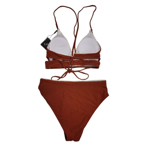 Zaful Rust Textured Bikini Set Lace Trim High-Waisted Bottoms Tie-Back Top Size - Picture 6 of 6